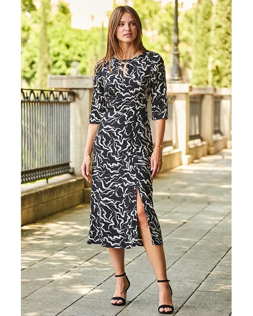 Sosandar Yellow Abstract Print Midi Dress With Keyhole Detail
