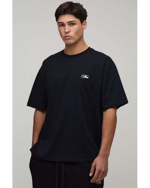 BoohooMAN Blue Oversized Script Embroidered T-Shirt for men