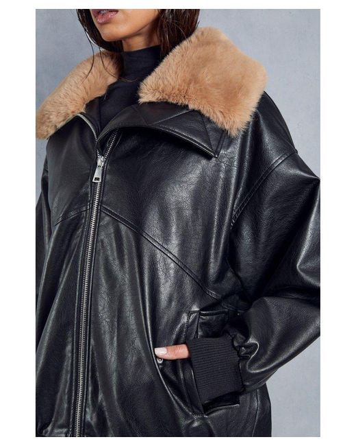 MissPap Blue Fur Collar Oversized Leather Look Bomber Jacket