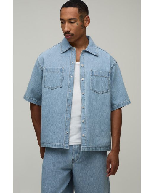 BoohooMAN Blue Herringbone Boxy Oversized Denim Co-Ord Shirt for men
