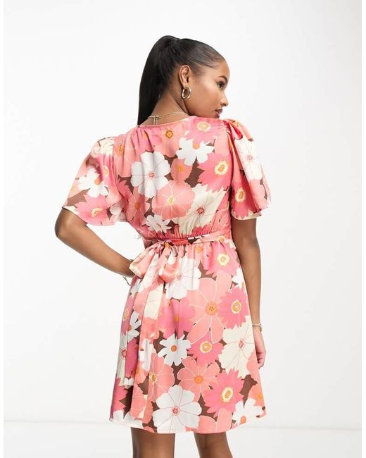ASOS Red Design Satin Button Through Mini Tea Dress With Flutter Sleeve