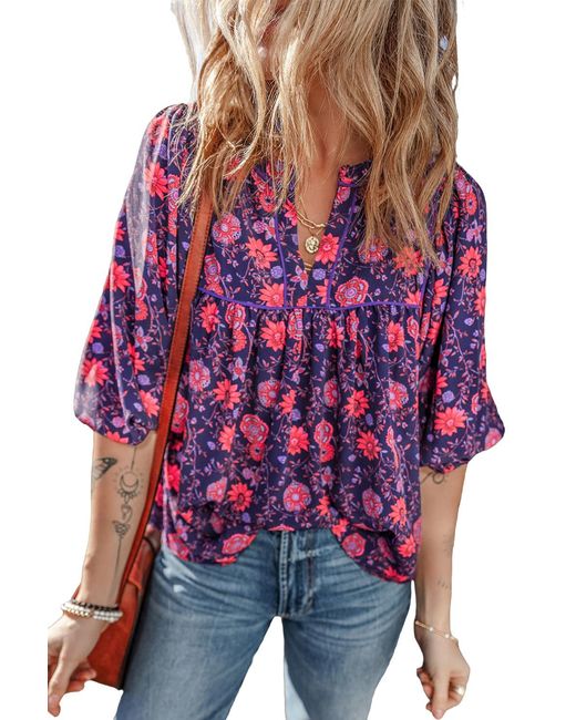 Everyday the Label Red Floral Half Sleeve Split Neck Blouse Top