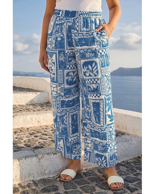 Roman Blue Curve Postcard Print Wide Leg Trouser