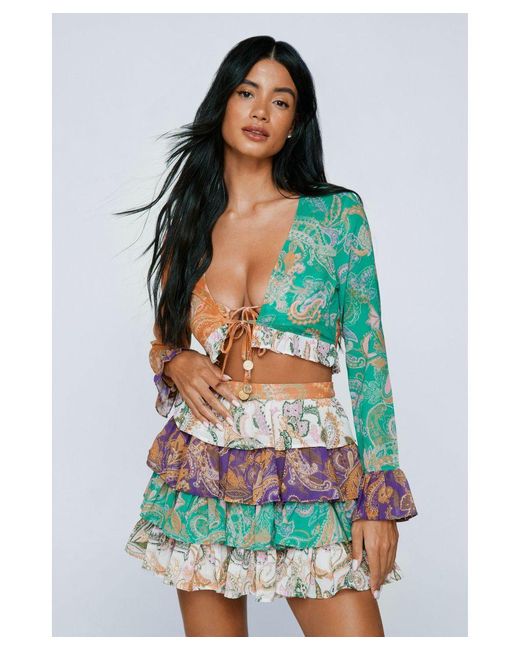 Nasty Gal Orange Paisley Spliced Ruffle Coin Trim Cover Up Top