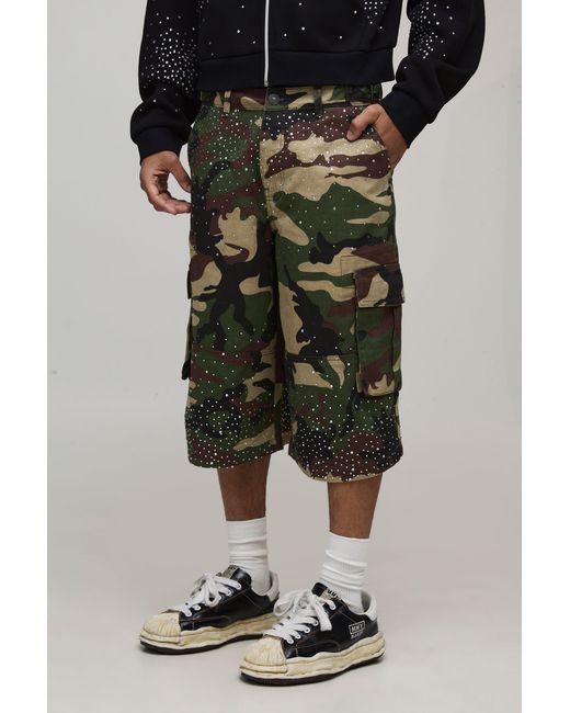 BoohooMAN Black Longline Camo Embellished Twill Jorts for men