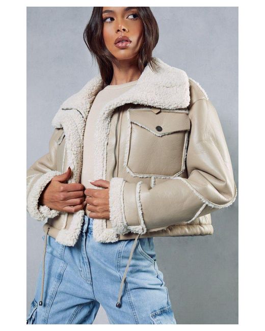 MissPap Natural Borg Lined Textured Leather Look Aviator Jacket