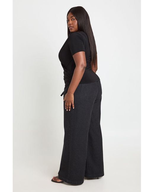 Boohoo Black Plus Double Layer Slinky Super Cowl Neck Short Sleeve Ruched Top