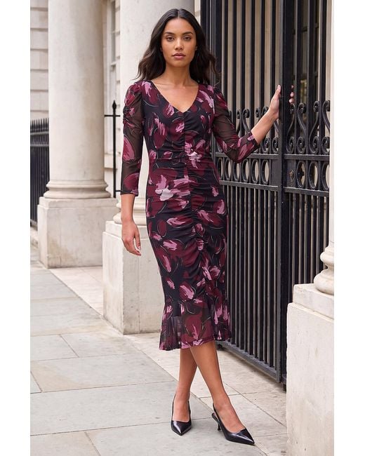 Roman Purple Ruched Floral Dr