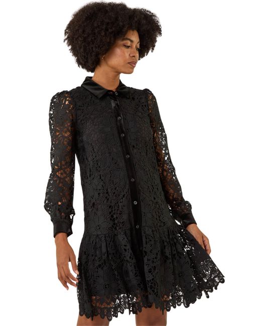 Roman Black Premium Velvet Trim Shirt Dress