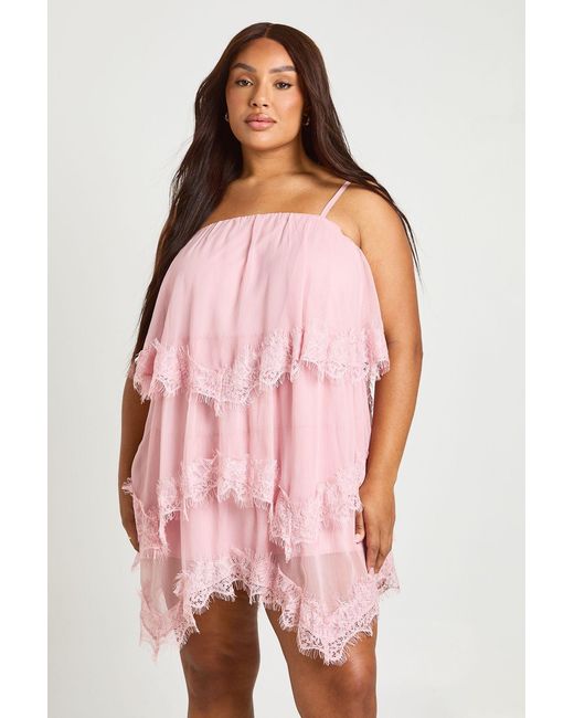 Boohoo Pink Plus Lace Trim Layered Shift Dress