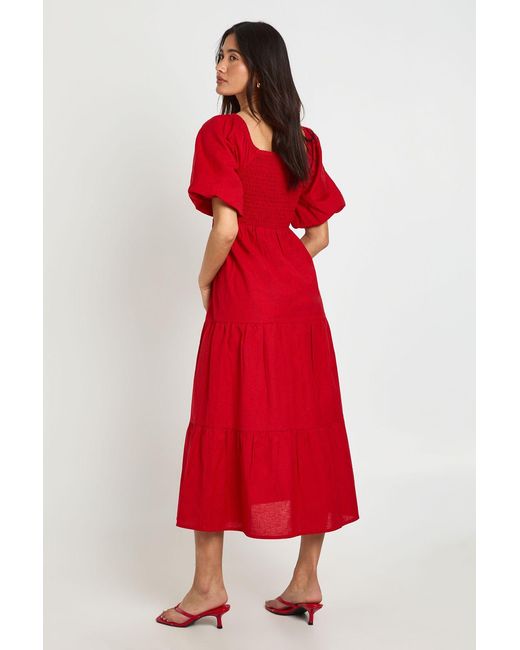 Boohoo Linen Look Volume Sleeve Tiered Midaxi Dress