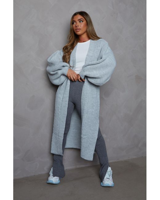 Femme Luxe Gray Knitted Balloon Sleeve Side Split Longline Midi Cardigan