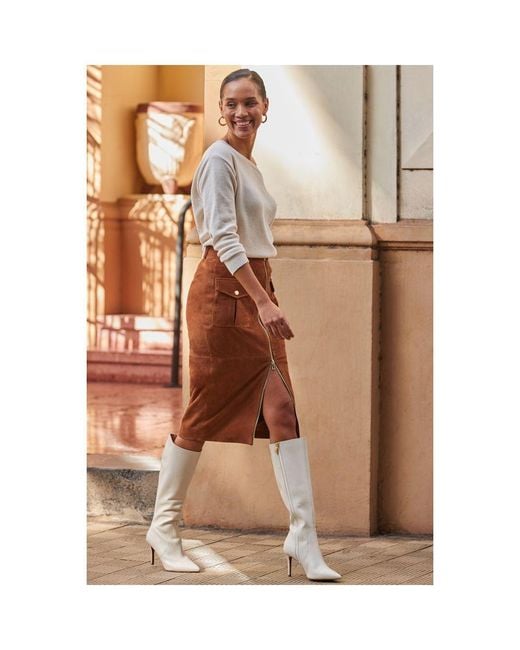 Sosandar Brown Tan Suede Zip Front Pocket Detail Pencil Skirt
