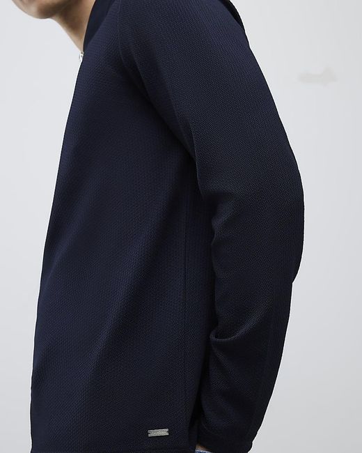 River Island Blue Polo Shirt Slim Fit Textured Zip Neck for men
