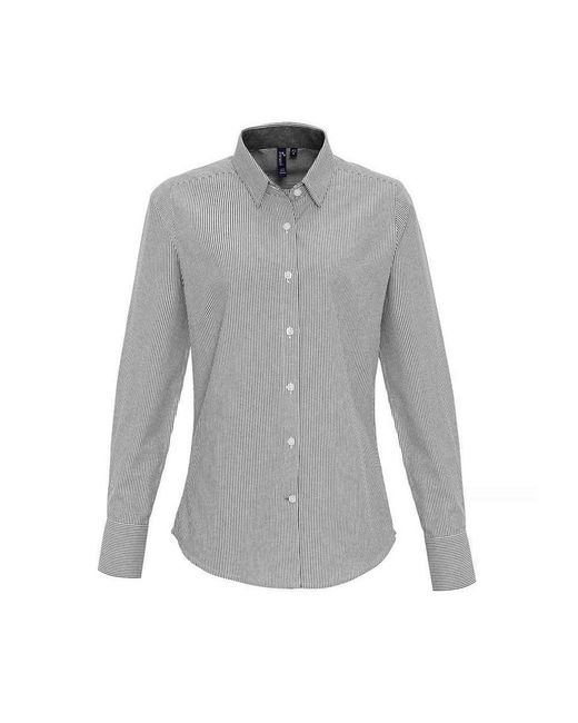 PREMIER Gray Ladies Striped Oxford Long-Sleeved Formal Shirt