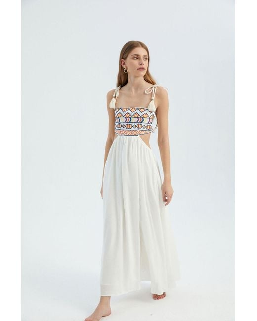 Hiccup White Geometric Square Neck Maxi Boho Dress With A Side Cut Out