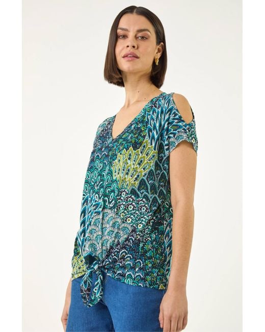 Roman Blue Abstract Print Tie Front V-Neck Top