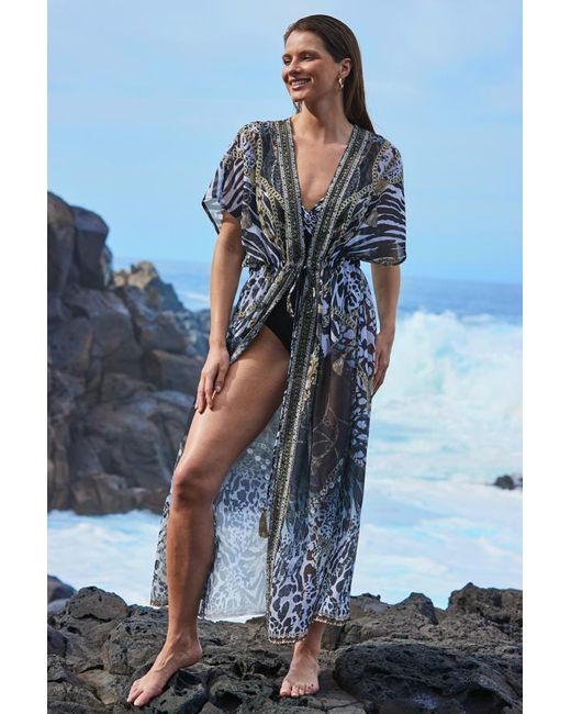 Sosandar Blue Animal Print Embellished Maxi Kaftan