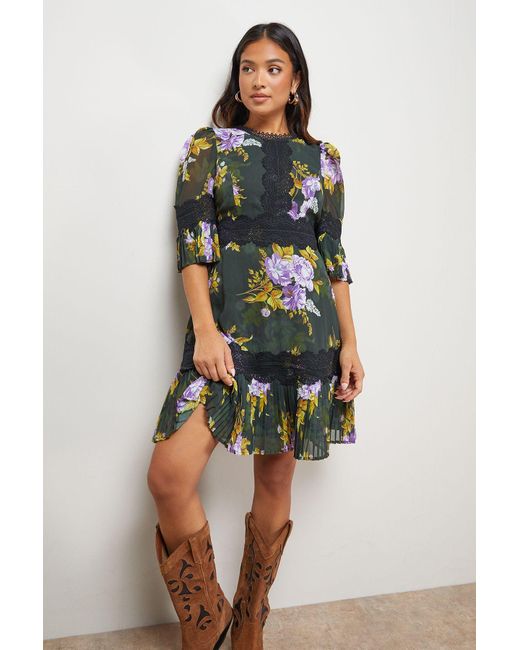 Oasis Multicolor Petite Printed Lace Trim Pleated Mini Dress