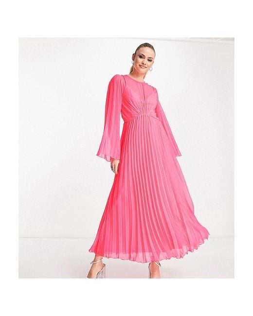 ASOS Pink Design Tie Back Fluted Sleeve Pleated Midi Dress
