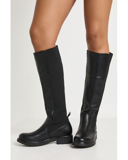 Boohoo Black Elastic Panel Flat Knee High Boots