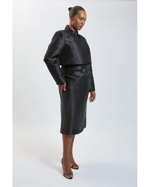 Karen Millen Black Plus Size Forever Satin Twill Cropped Wrap Tailored Jacket