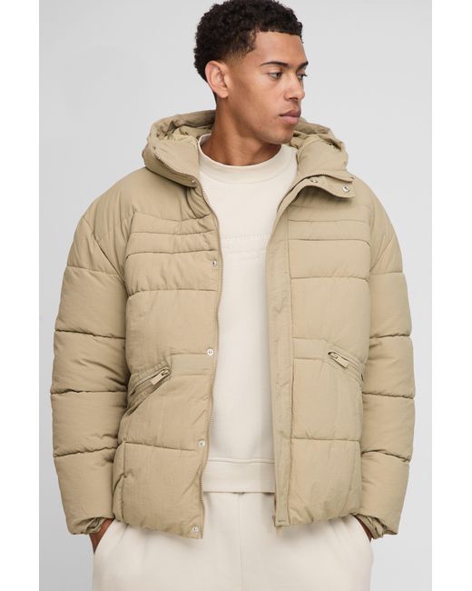 BoohooMAN Natural Regular Fit Curved Panel Padded Puffer Jacket for men