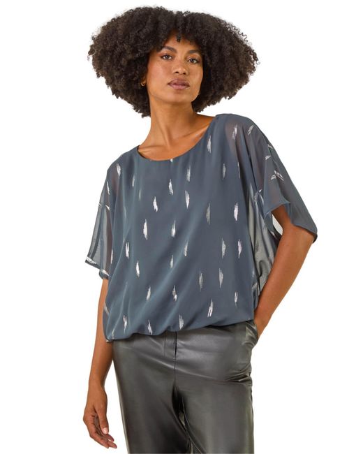 Roman Blue Foil Print Bubble Hem Top
