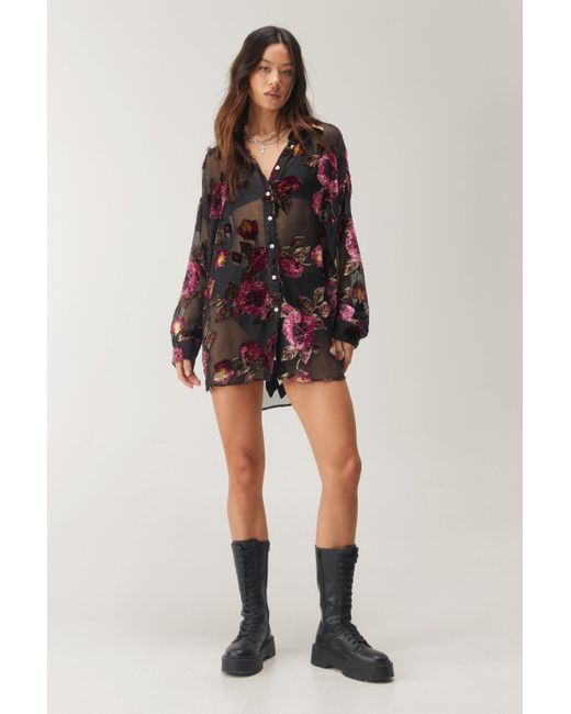 Nasty Gal Black Devore Oversized Sheer Floral Shirt