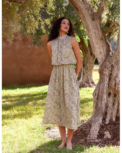 Blue Vanilla Metallic Paisley Print Rhinestone High Neck Midi Dress
