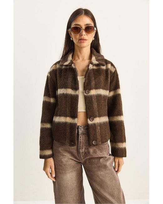 Bianco Lucci Brown Striped Textured Button-Front Cropped Jacket
