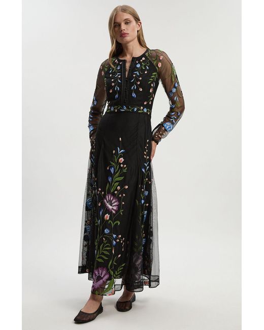 Karen Millen Black Petite Placed Floral Embroidered Mesh Woven Belted Maxi Dress