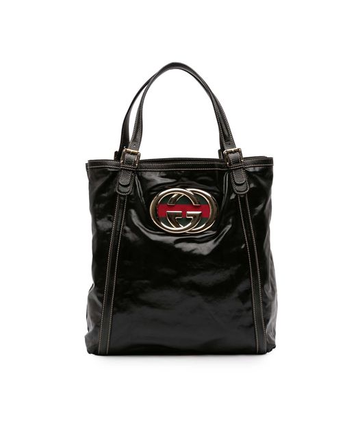 Gucci Black Pre-Owned Patent Dialux Britt Web Tote