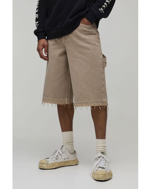 BoohooMAN Natural Let Down Hem Double Carpenter Loop Overdye Denim Jorts for men