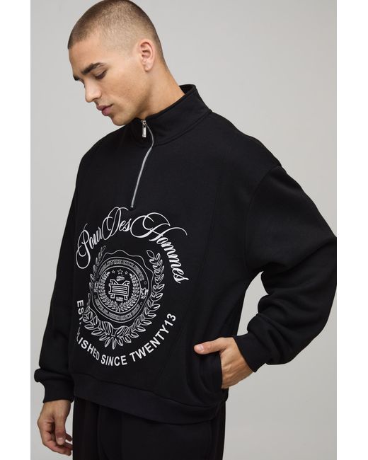 BoohooMAN Black Oversized Boxy Collegiate Varsity Funnel Neck Quarter Zip Sweatshirt for men