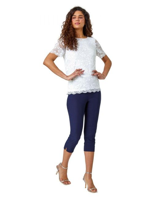 Roman White Floral Stretch Lace Top