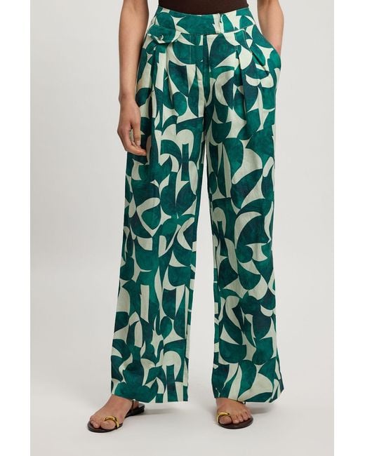 Karen Millen Green Petite Linen Geo Print Pleat And Pocket Detail Woven Straight Leg Trouser