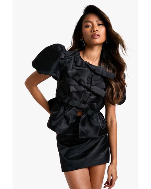 Boohoo Black Taffeta Tie Front Puff Sleeve Smock Top