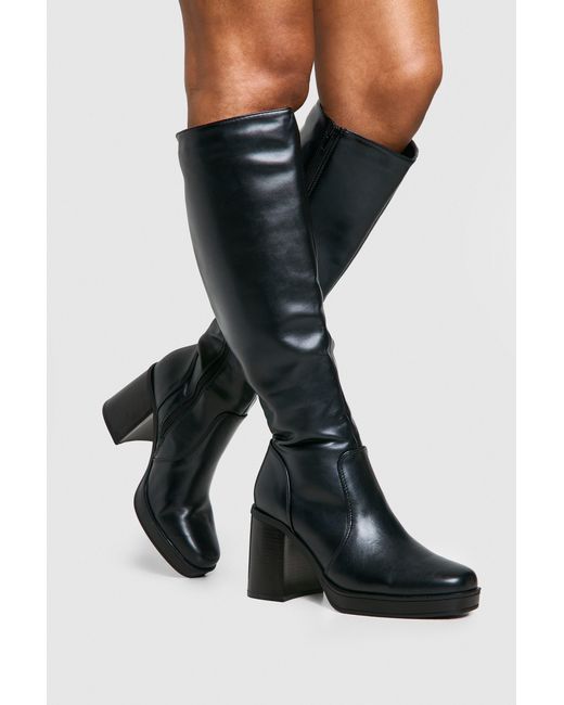 Boohoo Black Knee High Platform Block Heel Boots