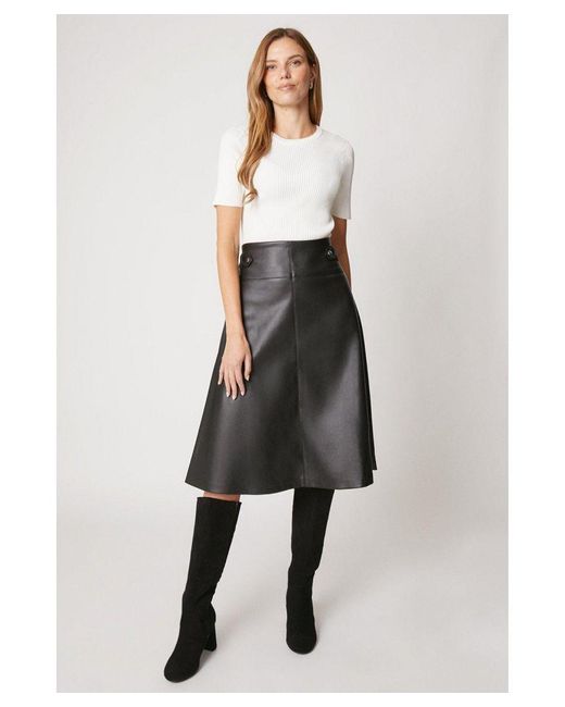 Wallis White Black Tab Detail Faux Leather A Line Skirt