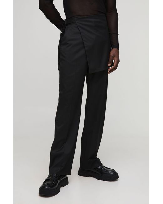 BoohooMAN Black Tailored Twill Pants With Skirt Overlay for men