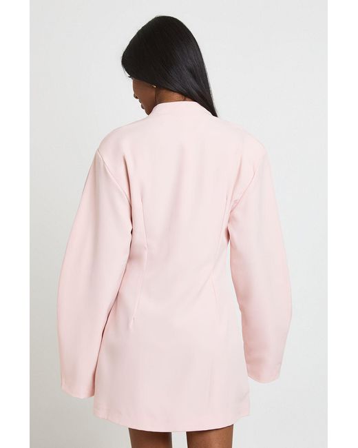 Boohoo Pink Structured Shoulder Pad Wrap Balloon Sleeve Blazer Dress
