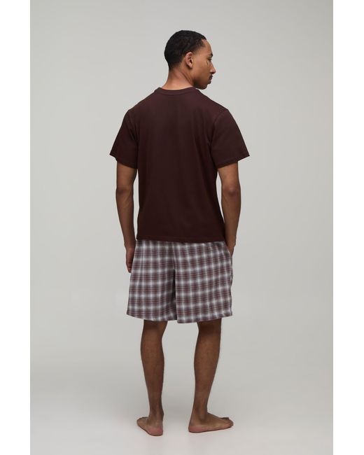 BoohooMAN Brown Regular Fit T-Shirt & Check Lounge Short Set for men