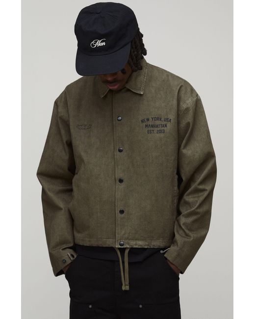 BoohooMAN Gray Boxy Fit Printed Washed Twill Varsity Coach Jacket for men
