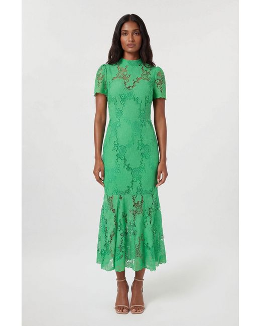 Karen Millen Green Lace High Neck Woven Midi Dress