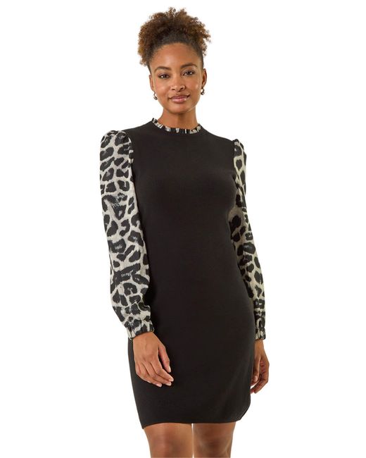 Roman Black Animal Print Mix Frill Short Dress