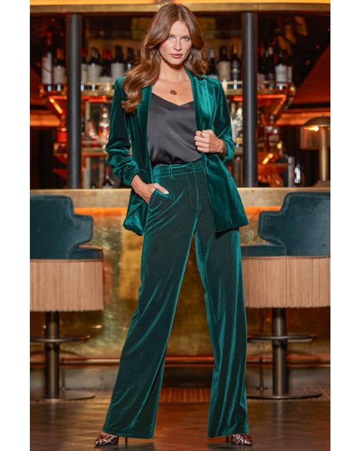 Sosandar Blue Petite Emerald Luxe Velvet Wide Leg Trousers