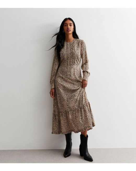 Gini London Maxi-jurk Met Luipaardprint En Lange Mouwen in het Natural
