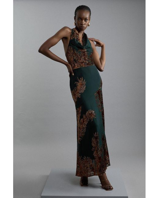 karen millen green feather dress Green Warehouse Petite Satin Jacquard Feather Twist Front Cowl Back Midi Dress