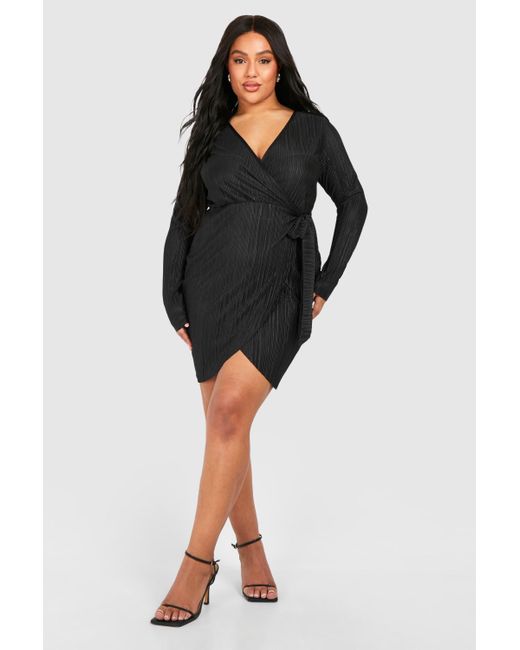 Boohoo Black Plus Plisse Wrap Mini Dress